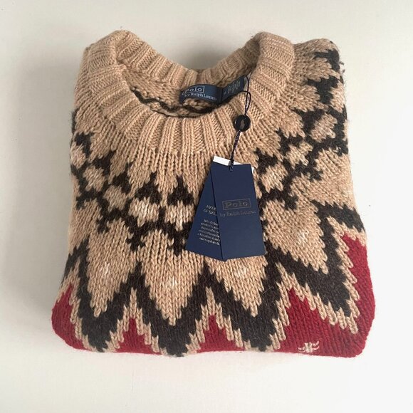 Polo Ralph Lauren Women's Alpaca Wool Fair Isle Pullover Sweater Red & Beige - Picture 4 of 10